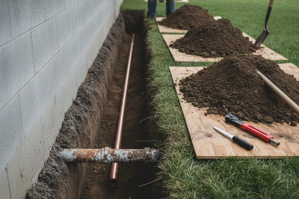 Excavated water line trench during Water Softener Installation in Pinedale